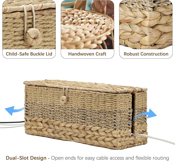 2PCS Cable Organizer Boxes Handmade Wicker Rattan Cord Management Box Adapter Power Strips Outlet Router Hider Cover Under Desk Electrical Wire Storage Organizer with Lid (1 Large 1 Medium)
