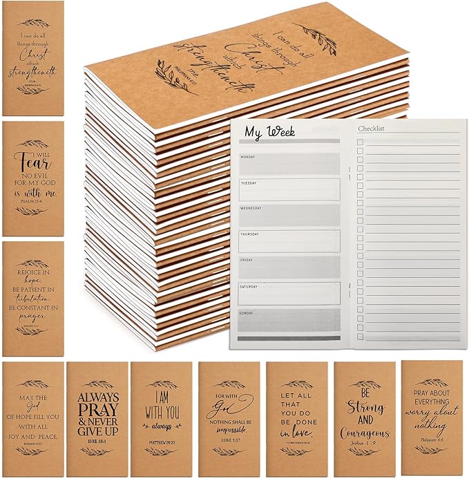 Qilery 30 Pcs Christian Gifts Bulk Pocket Planner 2025-2026 Prayer Journals for Women Men to Do List Weekly Goals for Pastors' Wives Appreciation Day Church Sunday School(Kraft Color,Leaves)