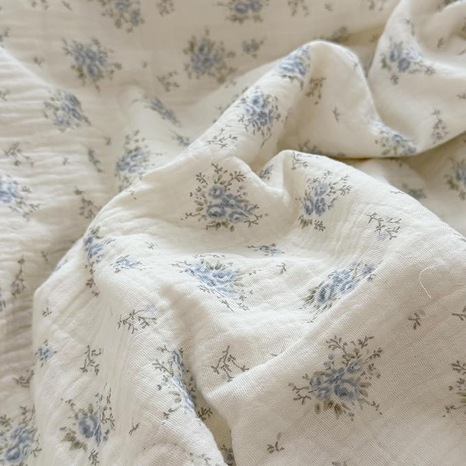BuLuTu Blue Floral 100% Cotton Muslin Blanket Soft Lightweight Toddler Bed/Crib Quilt Shabby Chic Flower Theme Swaddle Blanket for Girls Boys Bedding Gift Room Decor, Fressia, 47"x51"