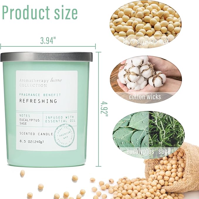 Eucalyptus Candle, Eucalyptus & Sage Scented Candles,Soy Wax Green Candles for Home Scented,Candle Gift for Women Men,8.5oz