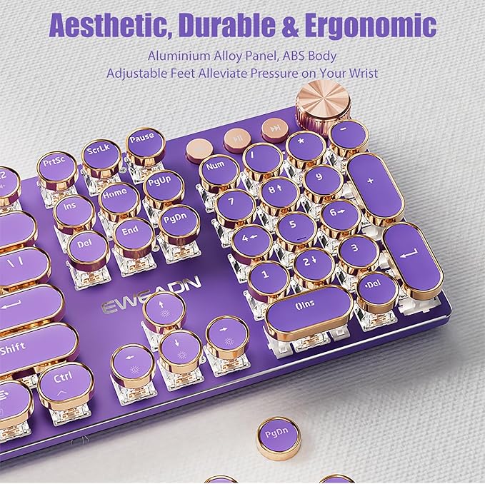 Typewriter Style Mechanical Gaming Keyboard White LED Backlit 104-Key NKRO Pink Switches Retro Round Keycaps Golden Ring Volume Knob Metal Panel Wired USB-C Detachable Cable, Purple