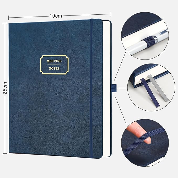 EMSHOI Meeting Notebook for Work with Action Items - 320 Pages B5 Thick Project Planner Agenda Organizer Work Notebook for Women Men Office Business Notes, PU Leather Hardcover, 7.5" x 10", Blue