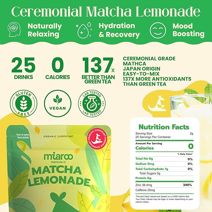 Lemonade Matcha 50g (25 Servings) | Sugar-Free Ceremonial Japanese Green Tea Powder with Crystallized Lemon and Monk Fruit | 20mg caffeine per serving | Detox and Calm Energy | Miaroo