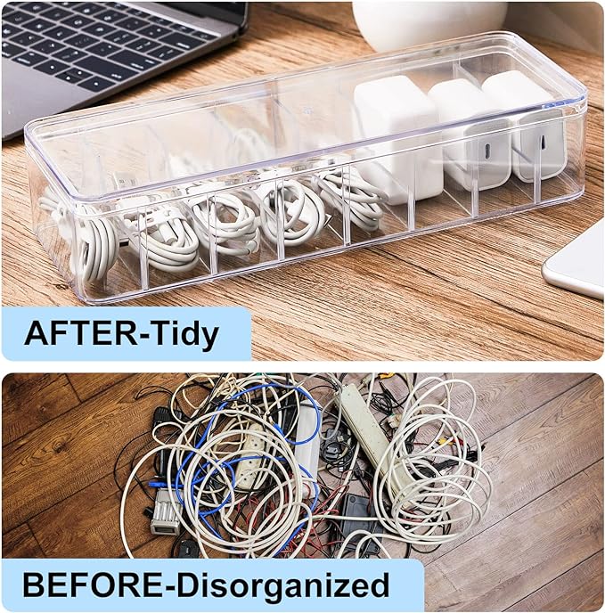 Tatuo 2 Pcs Cable Organizer Box with Wire Ties, Plastic Cord Storage Box with Lid, Electronics Organizer for Home Office Desk Organizers and Accessories (10.79'' X 3.78'' X 1.97'',Clear)