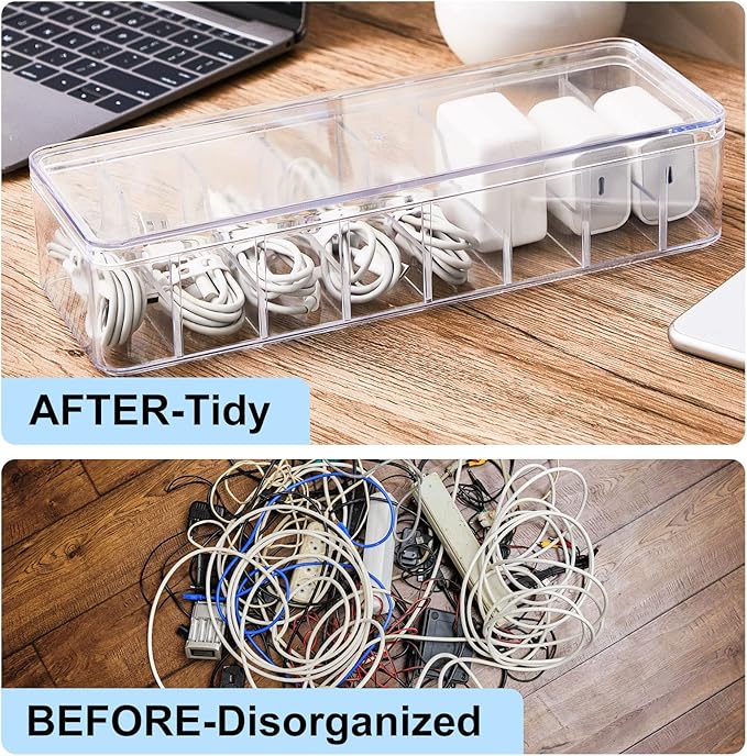 Tatuo 1 Pcs Cable Organizer Box with Wire Ties, Plastic Cord Storage Box with Lid, Electronics Organizer for Home Office Desk Organizers and Accessories (10.79'' X 3.78'' X 1.97'',Clear)