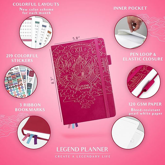 Legend Weekly Colorful Planner 2nd Edition – Undated Life & Work Agenda Journal for Time Management, Goal Setting, Productivity, Tasks & To Do Lists – A5 size, 5.8 ″ x 8.3″, Hardcover – Hot Pink