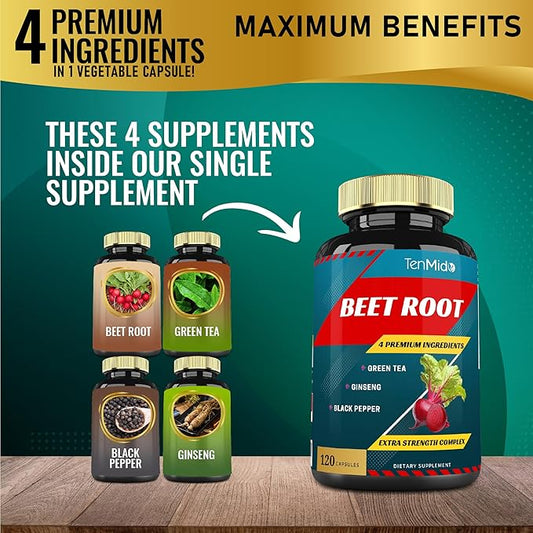 Beet Root Extract Capsules, 4 Months Supply & Green Tea, Ginseng, Black Pepper | Increased Energy, Athletic Performance Supports, Boosts Stamina | Nutritional Workout Supplements