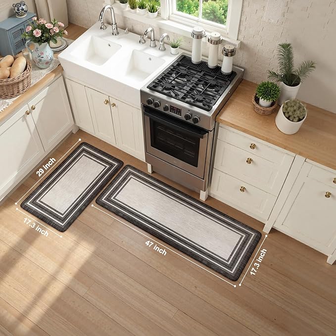 KIMODE Anti Fatigue Kitchen Mat 2PCS,Kitchen Rugs Non Slip Rubber Backing,Waterproof Farmhouse Kitchen Mat for Floor,Cushioned Standing Mat for Office,Laundry,Sink,Desk,Black and Grey