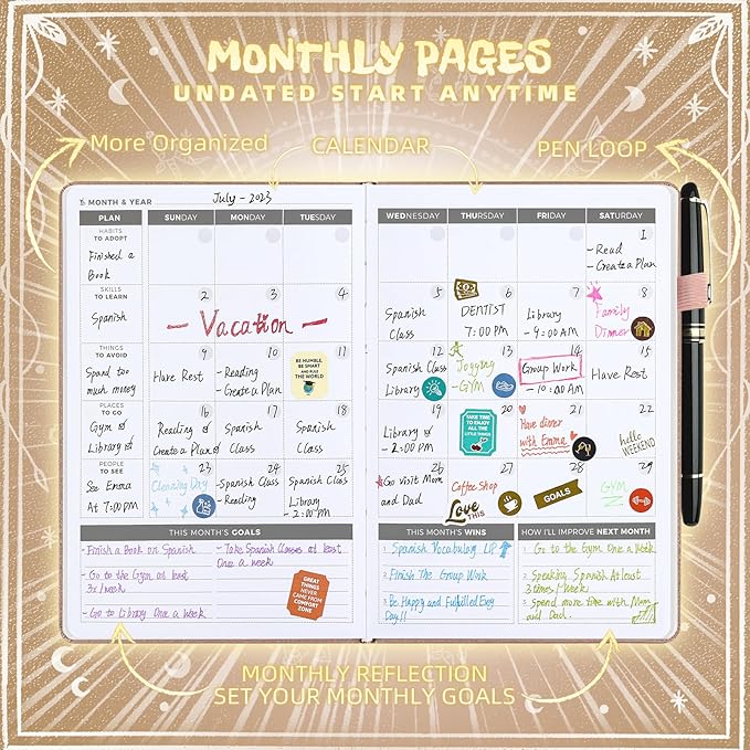 2025 Undated Academic Planner Hardcover (5.5x8.5") - Flexible Weekly & Monthly Organizer with Stickers, Productivity Journal for Students & Professionals(Rose Gold)