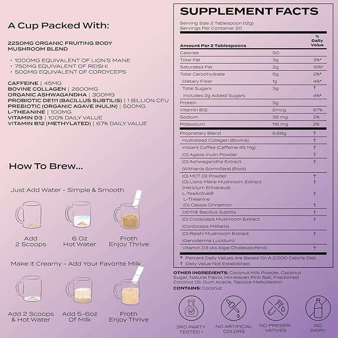 Atlas+ Latte Superblend– Instant Mushroom Coffee with Lion’s Mane, Reishi, Cordyceps, Ashwagandha, Probiotics, Vitamin D3 & B12, Coconut– for Energy, Focus, Immunity & Gut Health– 40 Servings (2 bags)