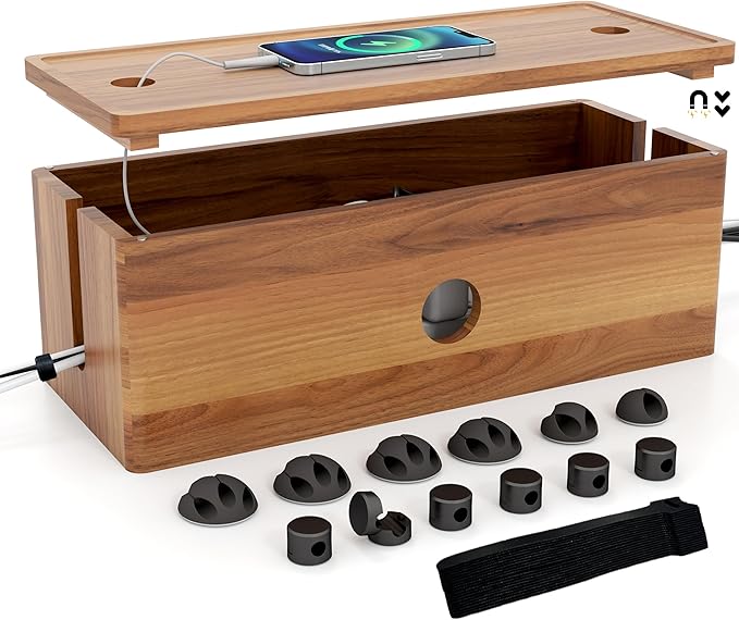 Large Cable Management Box, Acacia Wood Cord Organizer Box with Magnetic Removable Lid, 4 Open Slots Desk Organizer, Hides TV Cables, Computer Wires, USB Hub, Power Strip, and Phone Charger