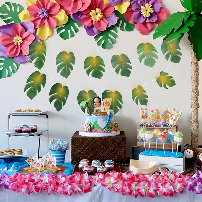 RECUTMS 20LED Monstera Leaf String Lights, Tropical Artificial Rattan Palm Leaves Wall Hanging Vine Greenery,Summer Decorations for Outdoor Indoor Hawaiian Luau Jungle Beach Theme Party Table Home