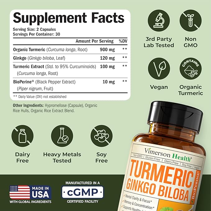 Ginkgo Biloba and Turmeric Curcumin Supplement w/Black Pepper & Organic Tumeric – Natural Turmeric Supplement for Focus, Memory, Joint & Brain Health – Vegan Ginko Biloba Capsules w/Curcuma – 2 Pack