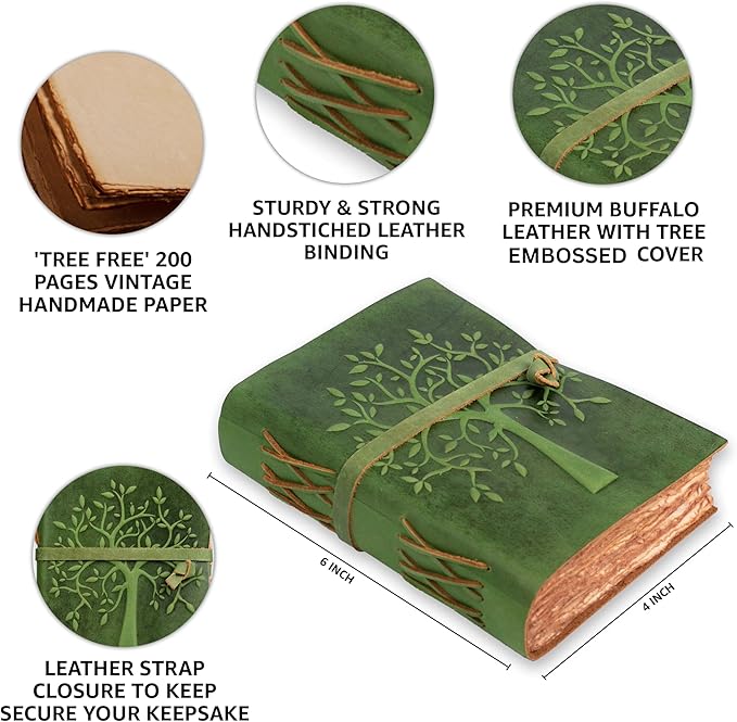LEATHER VILLAGE Tree of Life Journal - 6 X 4 (A6) inches - Green - 200 Antique Deckle Edge Handmade Paper – Book of Shadows - Vintage Leather Bound Journal for Women & Men
