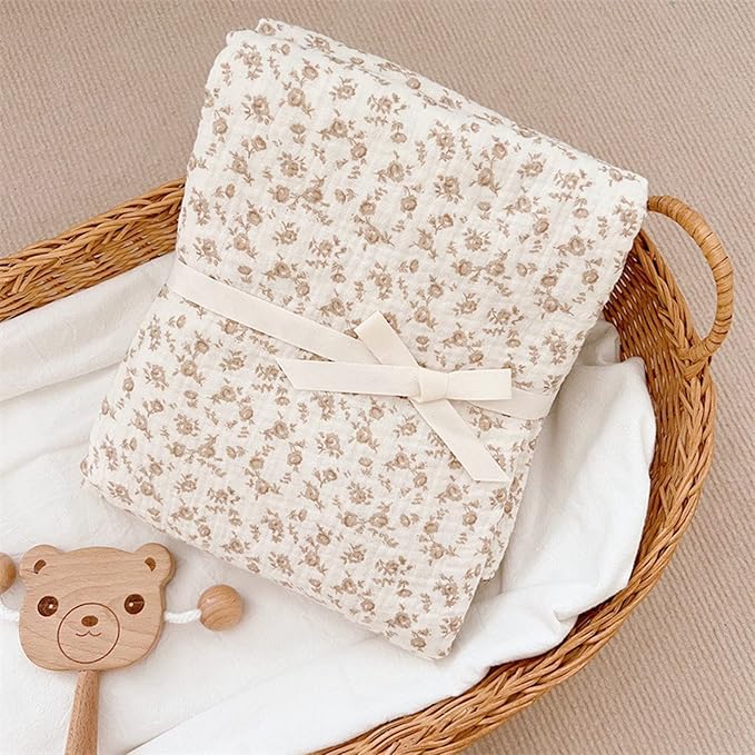 BuLuTu 4 Layer Toddler Blanket 100% Cotton Muslin Bed Blankets for kids,Girls,Boys, Designed with Cute Camellia Flowers Lightweight Thermal Baby Blanket, Super Soft and Warm Crib Blanket, 47x51’’