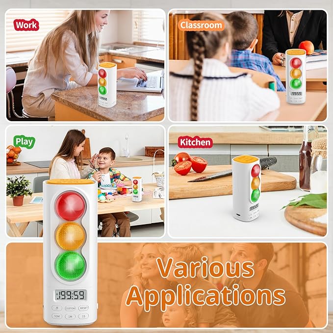 Traffic Light Visual Audio Digital Timer, LCD Display Volume Adjustment, with 4 Ringtones for Kids Classroom Home Kitchen Game Countdown Pause Memory Function Charger Type C Cable Included
