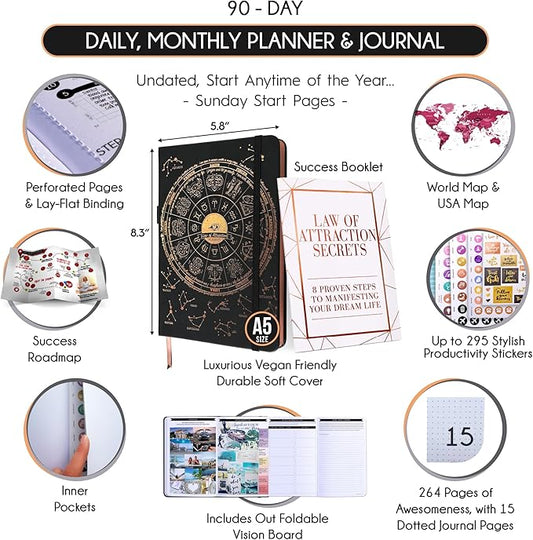 Manifestation Journal - 5 Minute Manifesting & Self Care Journal | 90-Day Undated Daily Planner for Positivity, Affirmations & Gratitude | Guided Mindfulness, Reflection | Vision Board + Stickers