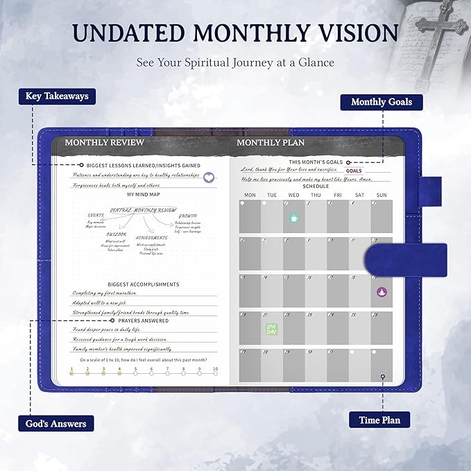 Ospelelf Blue Undated Faux Leather Christian Prayer Journal for Women - Church Notes Journals for Bible Study, Inspiring Daily Devotion Planner, 3 Month