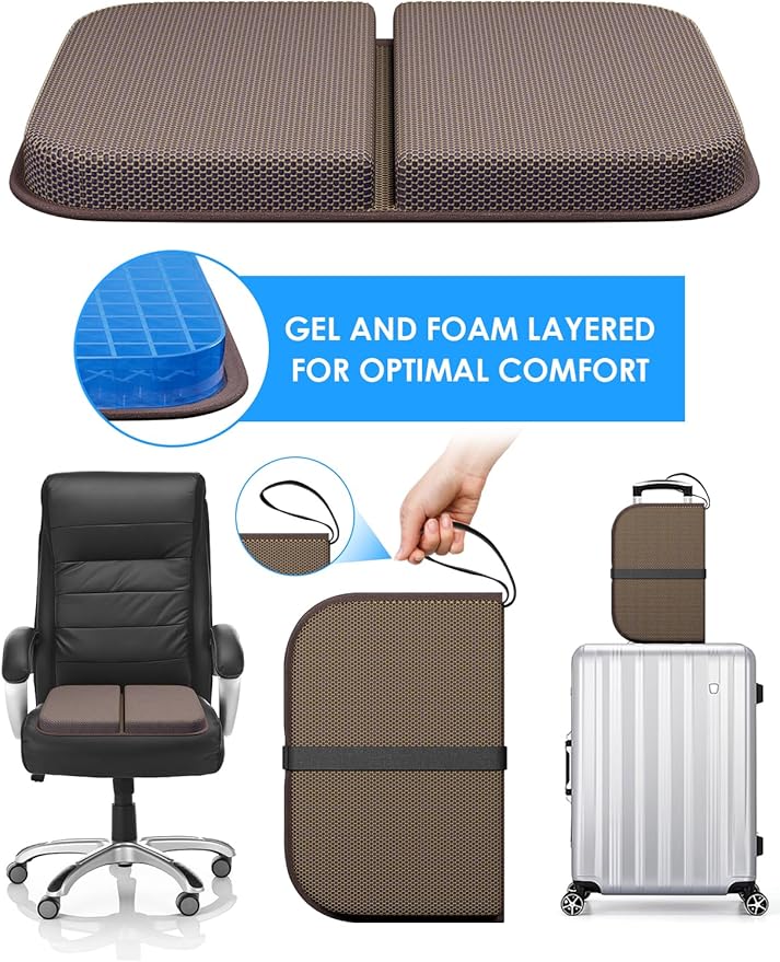 Gel Seat Cushion Portable Massage Travel Cushions, 14.5" x 10.5" Thick Foldable Seat Cushion for Car Office Chair Wheelchair Hip, Coccyx, Sciatica, Pressure Sores Tailbone Pain Relief