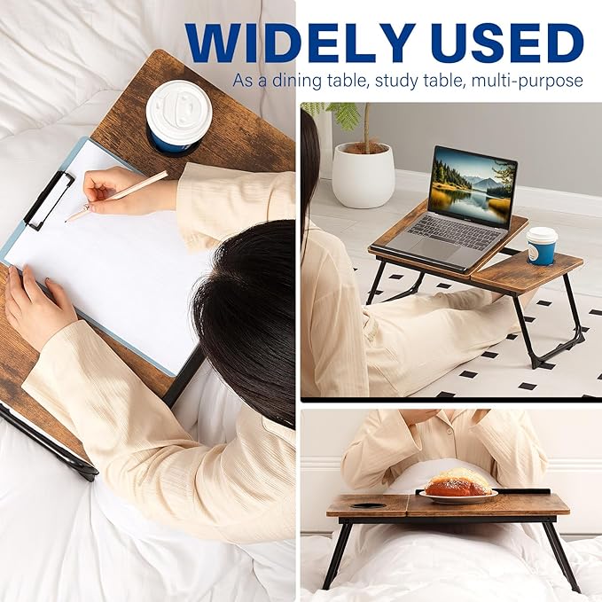 Laptop Desk for Bed Couch, Adjustable Foldable Bed Table with Cup Holder, Breakfast Serving Tray, Portable Laptop Lap Desk Stand for Working Reading Writing Eating Gaming in Bed Sofa Floor(RetroBrown)