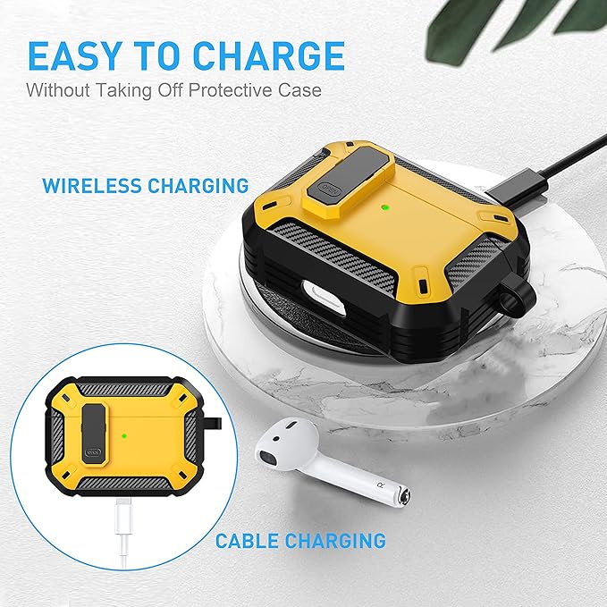 Maxjoy for AirPods Pro Case Cover with Lock, AirPods Pro 1st Generation Case for Men Military Rugged Protective Cover with Keychain Compatible with Apple AirPod Pros 2019 Front LED Visible, Yellow