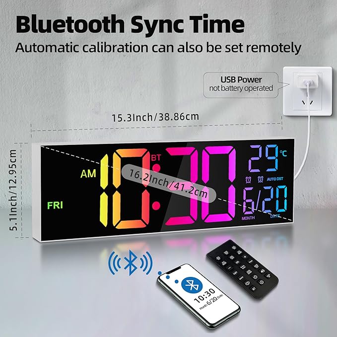 Maxstar 16.2'' Large Digital Wall Clock with Bluetooth Auto Sync, Remote Control, Alarm, LED Display, RGB Colors, Auto DST & Temperature for Classroom, Bedroom, Office, Garage-White