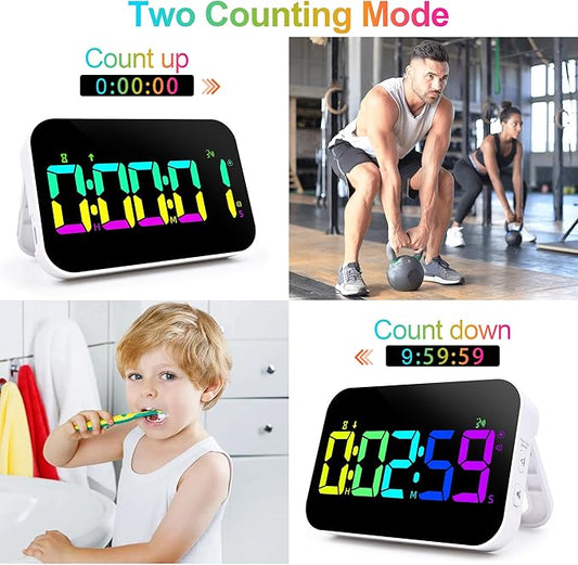 Digital Kitchen Timer, 10 RGB Color Rechargeable Magnetic Timer for Cooking with Countdown/Up, 5”LED Large Display with Sound Alert Function, Kids Timers for Classroom Gym Work Study Fitness Game