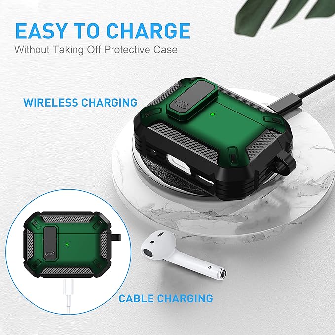 Maxjoy AirPods Pro 2nd/1st Generation Case Cover with Lock, AirPods Pro 2 Protective Case with Keychain Compatible with Apple AirPod Pro2 2023 USB C Cable 2022 Lightning Cable/ Pro1 2019, Green