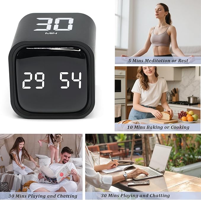 Rotating Pomodoro Timer 5,10,30, 60 Minutes Preset,Desk Productivity Flip Timer, Visual Cube Countdown Stopwatch,Custom Modes/Vibration/High/Low Volume,ADHD Timers, for Study, Work, School, Kitchen