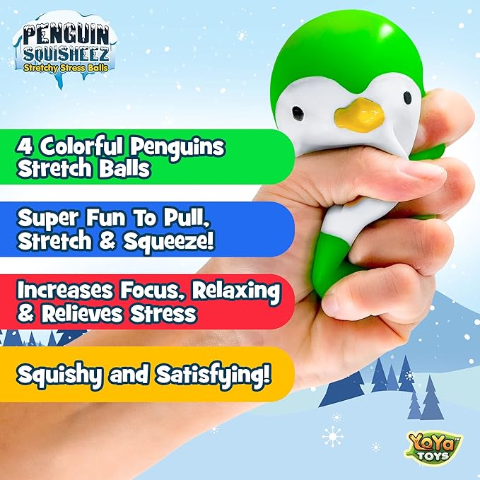 YoYa Toys Penguin Squisheez Squishy Stress Relief Balls (Set of 4) | Stretchy Fidget Animal Shaped Toys for Boys, Girls & Adults | Stretch Penguin Squeeze Toy | Great for ADHD, Autism, Anxiety