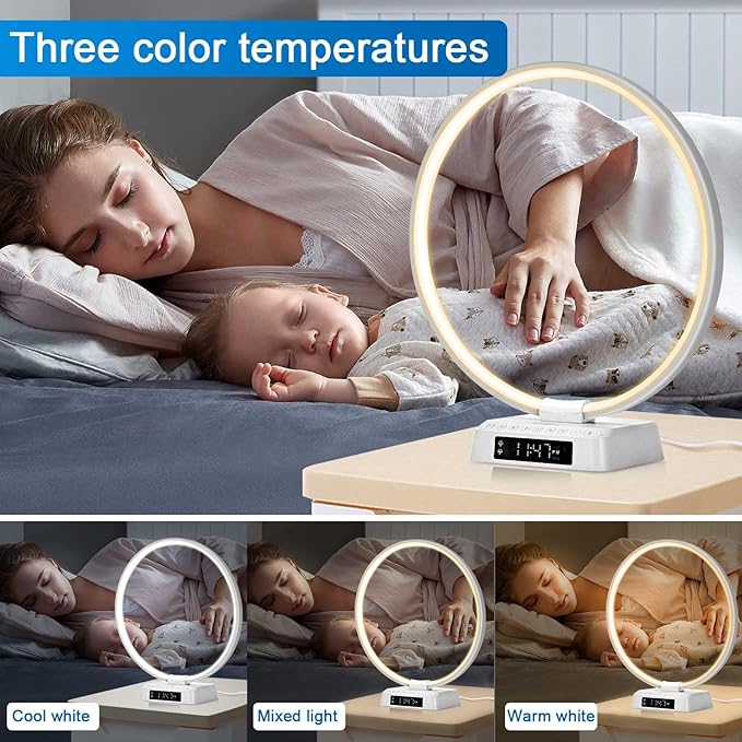 Sunrise Alarm Clock lamp Aureole Table Lamp Wake up Nightstand lamp Bioclock Adjustment Mood Desk lamp with Timer and Natural Ambient White Noise for Bedroom Livingroom Office Reading Working