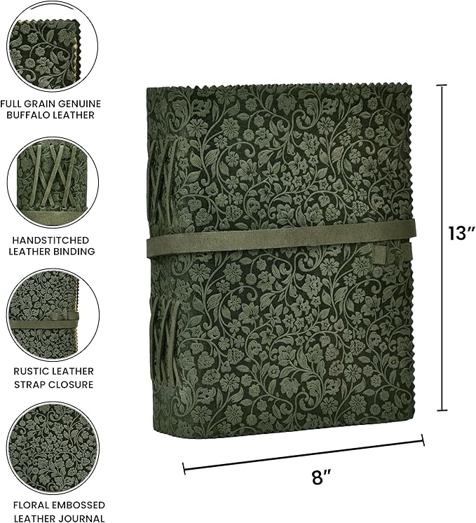 LEATHER VILLAGE Leather Bound Floral Embossed Journal for Women Men - 200 Pages, 13X8 Inches, Aqua - Book of Shadows, Vintage Blank Paper Travel Diary, Notebook for Writing, Drawing, Sketchbook
