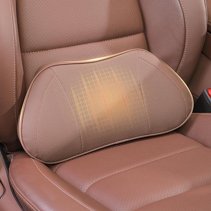Lumbar Support Pillow for Car, Premium Leather Memory Foam Lumbar Cushion for Lower Back Pain Relief, Universal Back Support for Driving, Home & Office Chairs, Brown, 1 Pack