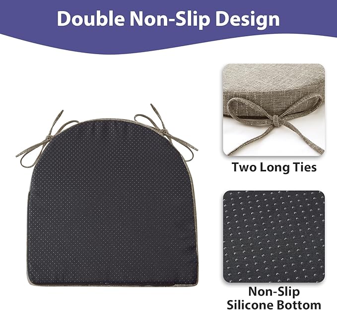 Chair Cushions for Dining Chairs with Ties and Removable Cover, Dining Kitchen Chair Pads with Non-Slip Bottom, High-Resilience Indoor Seat Cushions, 16'' x 16'' x 2'', Set of 2, Khaki