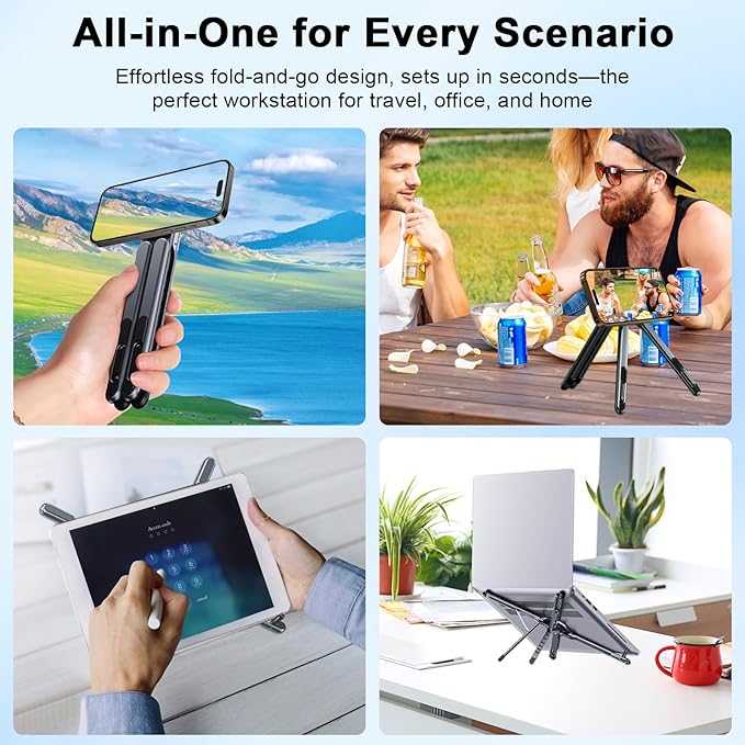Foldable Laptop Stand for Desk, All-in-One Portable Holder for Laptop, Phone & Tablet with Magnetic Mount - 8-Angle Adjustable Aluminum with Non-Slip Base for 10-15.6" Laptops