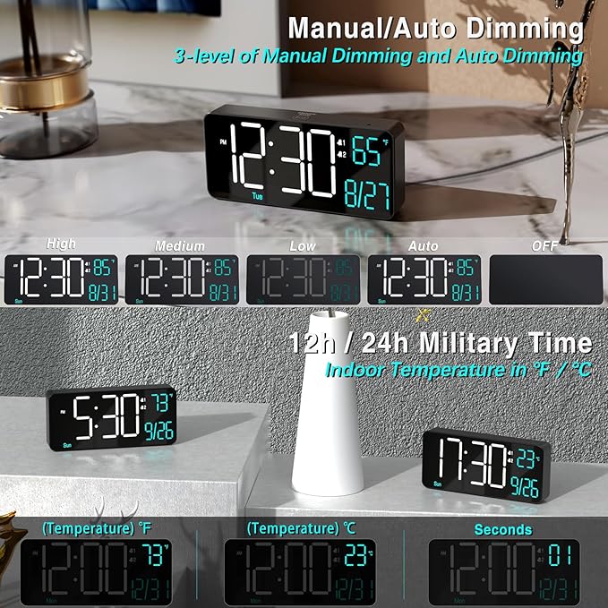 KOSUMOSU Alarm Clocks for Living Room, 6.7in Small Digital Clock for Bedroom, Auto Dimming,Date,Day of Week,Seconds or Indoor Temperature,Digital Alarm Clocks for Bedrooms,LED Desk Clock