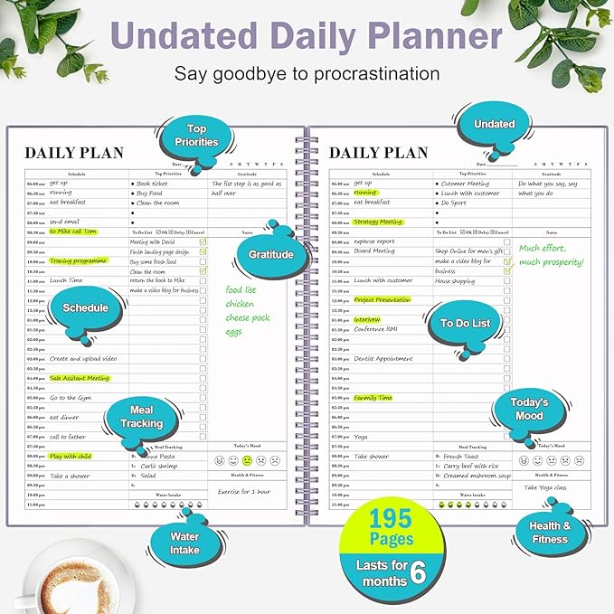 Planner Undated, Asten Daily Planner Agenda with To Do List, Hourly Planner for Women and Men, Spiral Appointment Book Planner Notebook with Elastic Closure, Day Planner for ADHD 8.5" x 11" (Purple)