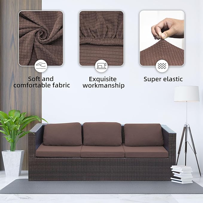 8Pcs Stretch Patio Cushion Cover Outdoor Cushion Cover Slipcovers Couch Cover Waterproof Replacement Sofa Cushion Covers Thick Jacquard Textured Twill Fabric Porch Patio Furniture Protector（Camel）