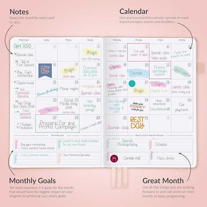 GoGirl Planner PRO - Undated Horizontal Layout Weekly Planner and Organizer + Budgeting and Expense Tracking Pages, Goals Journal & Agenda, 7" x 10" Hardcover, Lasts 1 Year - Rose Gold
