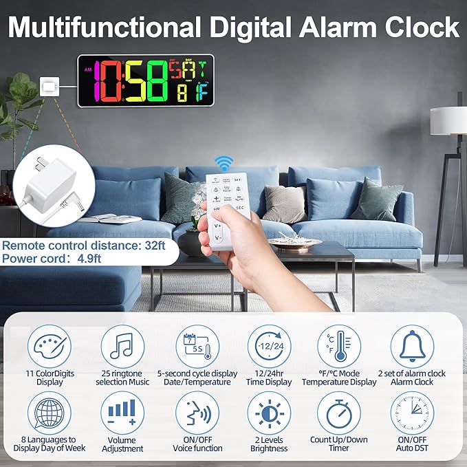 Large Digital Wall Clock Timer 13.5" Large Display Available In 11 Color Modes LED Wall Clock with Temperature Day of the Week Clock Auto-Dimming for Home Gym Office 2 Groups Alarm 25 Music Ringtones