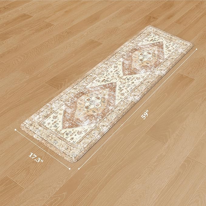 KIMODE Kitchen Runner Rug,17.3" x 59" Farmhouse Anti Fatigue Kitchen Mats for Floor Cushioned,Non-Slip Waterproof Comfort Thick Kitchen Floor Standing Mat for Front Sink,Laundry Room,Mutil-Khaki