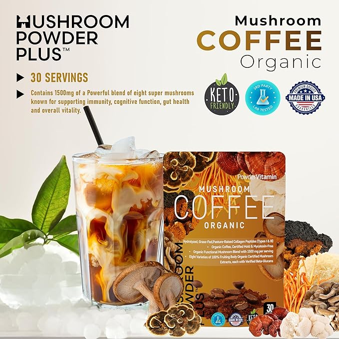Organic Mushroom Coffee Certified Mold & Mycotoxin-Free GrassFed Collagen Types I & III 8 Fruiting Body Mushrooms Tested for Beta-Glucans Focus Energy Digestion & Immunity 30 Servings