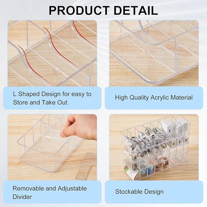 Tatuo 2 Pcs Cable Organizer with 20 Wire Ties, Plastic Cord Storage Charger Box Electronics Organizer with Adjustment Compartments Cable Storage for Drawer Home Office Desk Accessories (Clear)