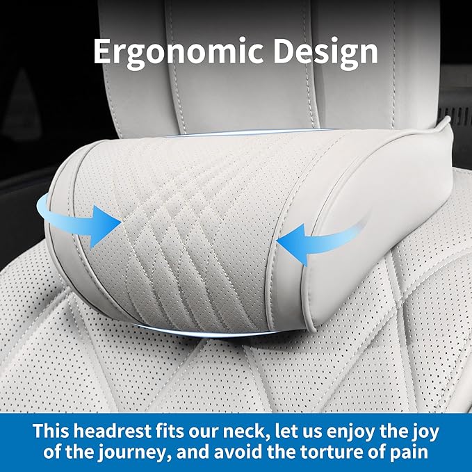 Car Headrest Memory Foam Neck Pillow for Driving with Leather Cover Soft Comfortable Seat Head Pillow Cushion for Most Cars SUV Sedan Home Office Off-White (Beige) (2PC)