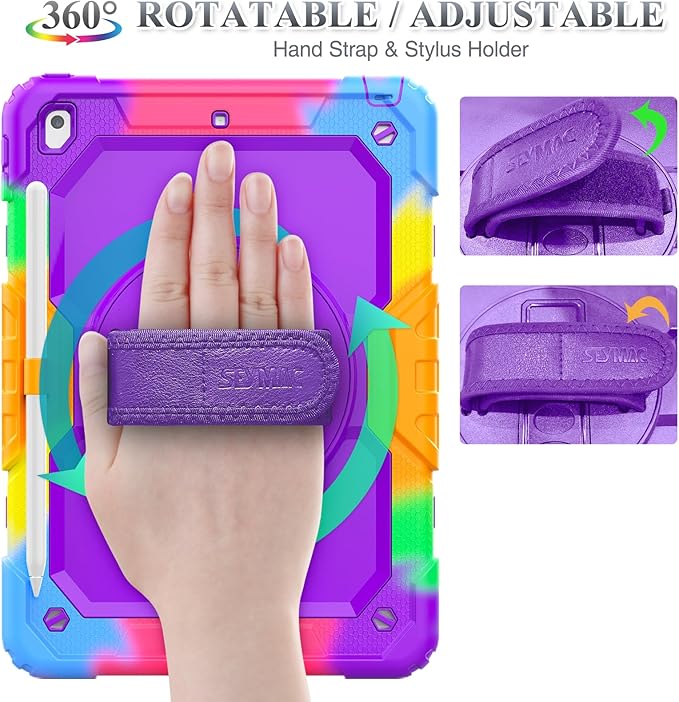 SEYMAC stock Case for iPad 9th/ 8th/ 7th Generation 10.2'', Shockproof with Screen Protector, Pencil Holder [360° Rotating Hand Strap] & Stand, for iPad 10.2 inch 2021-2019 (Purple+Colorful)