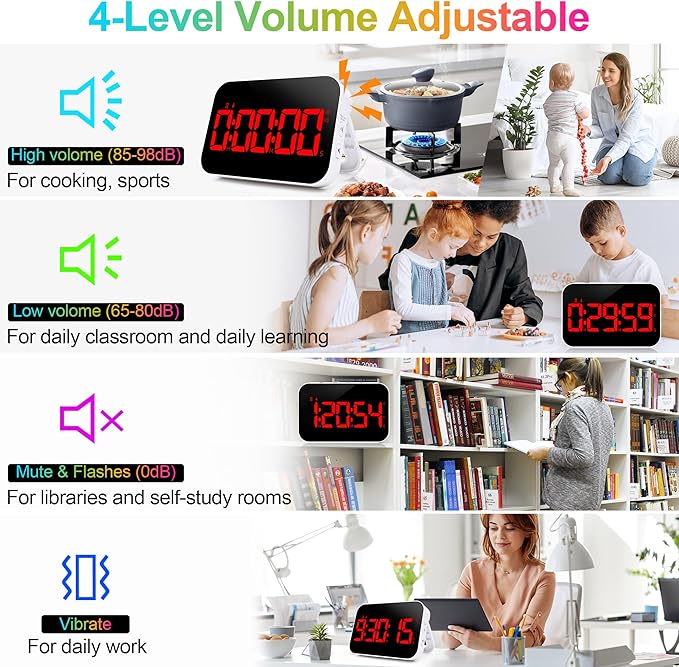 Digital Kitchen Timer, Rechargeable Magnetic Timer with Countdown/up, 5”LED Large Display 3 Brightness 4 Volume Adjustable for Cooking and for Seniors and Kids to Use-Red