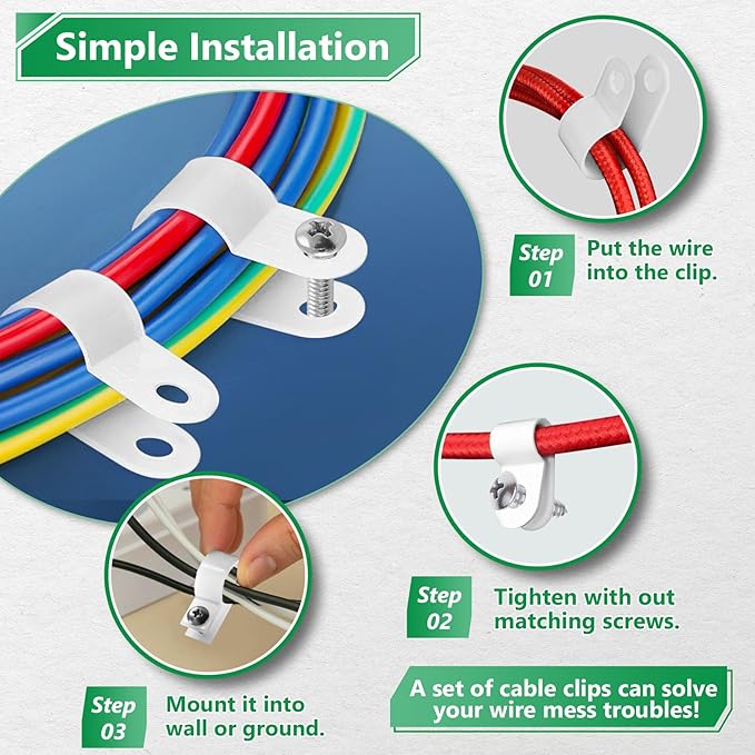 Cable Clips for Cable Management Cord Organizer, 6 Sizes 290 PCS Nylon R-Type, 3/16'' 1/4'' 3/8'' 1/2'' 3/4'' 1'' White Plastic Screw Mounting Cord Fastener Clamp Assortment Kit with M4 Screws