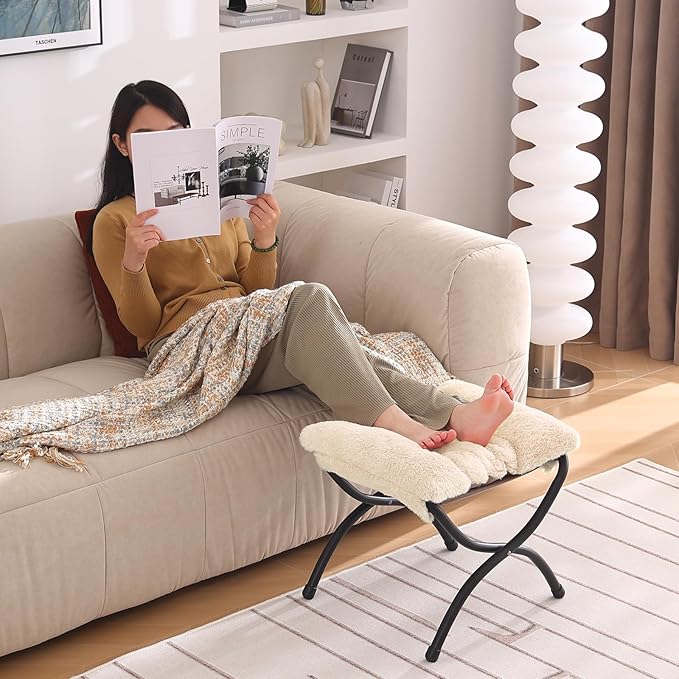 Welnow Folding Foot Stool, Upholstered Small Accent Ottoman with Detachable Thick Cotton Cushion Padded Sofa Stool and Metal Frame for Lazy Chair, Living Room, Bedroom, Plush Beige