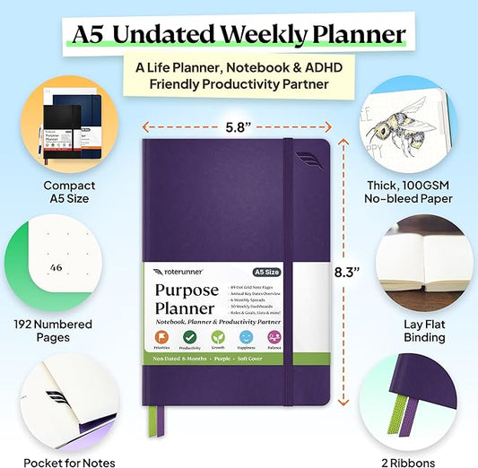 Roterunner Purpose Planner Notebook A5 5.8”x8.3” Undated 2025 Daily Weekly and Monthly Productivity Goal Setting Tool for Work Home ADHD Planner for Adults Self Care Journal (Purple Softcover)