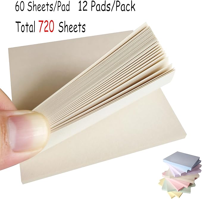 Sticky Notes 3x3 Inches (12 Pads/Total 720 Sheets), Morandi Colors Cute Sticky Notes Bulk, Easy to Post,Super Sticking Power Memo Pads for Home, Office